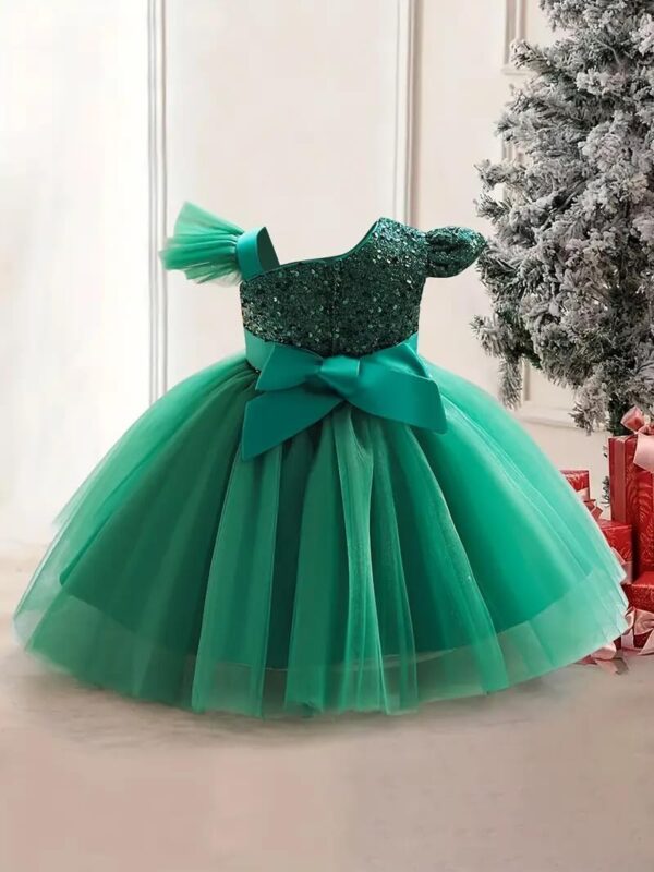 miço kids Baby Girls Sequin One-Shoulder Princess Dress | Burgundy Tulle Party Gown | Flower Girl, Birthday, Wedding & Dress - Image 2