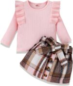 HPSOM Baby Kids Girl Clothes Set Ruffle Ribbed Long Sleeve Top Bow Tie Plaid Skirt 2PCS Spring Fall Toddler Outfits Set 2-7Y