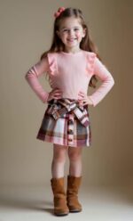 HPSOM Baby Kids Girl Clothes Set Ruffle Ribbed Long Sleeve Top Bow Tie Plaid Skirt 2PCS Spring Fall Toddler Outfits Set 2-7Y - Image 3