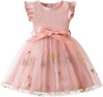 JiAmy Girls' Dresses Ribbed Knit Tulle Dresses Sequin Spring Flying Sleeves Rainbow Kids Dress for 1-6 Years Old