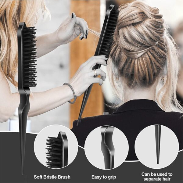 SWEET VIEW 4 Pcs Hair Styling Brush Set with 1 Pcs Edge Brush 1 Pcs Bristle Hair Brush 1 Pcs Rat Tail Comb 1 Pcs Wide Tooth Comb, Hair Comb Set for Slick Baby Hair and Flyaways - Black - Image 5