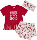 Barbotimer Baby Girl Crayfish Boil Tassel Shirt Retro Lobster Bloomer Shorts Headband Bummies Bow Set Cute 3Pcs Summer Clothes