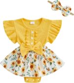 XIXIMAON Toddler Baby Girl Summer Outfit Sunflower Butterfly Print Ruffled Flying Sleeve Shirt Ribbed Romper Dress Bow Headband Newborn Clothes Girls