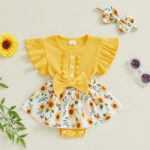 XIXIMAON Toddler Baby Girl Summer Outfit Sunflower Butterfly Print Ruffled Flying Sleeve Shirt Ribbed Romper Dress Bow Headband Newborn Clothes Girls - Image 2
