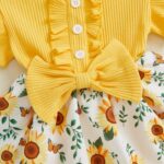 XIXIMAON Toddler Baby Girl Summer Outfit Sunflower Butterfly Print Ruffled Flying Sleeve Shirt Ribbed Romper Dress Bow Headband Newborn Clothes Girls - Image 4
