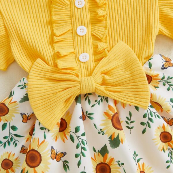 XIXIMAON Toddler Baby Girl Summer Outfit Sunflower Butterfly Print Ruffled Flying Sleeve Shirt Ribbed Romper Dress Bow Headband Newborn Clothes Girls - Image 4