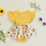 XIXIMAON Toddler Baby Girl Summer Outfit Sunflower Butterfly Print Ruffled Flying Sleeve Shirt Ribbed Romper Dress Bow Headband Newborn Clothes Girls - Image 6