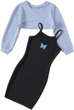 LIKCAISA Girls 2 Piece Outfits Cute Kids Sleeveless Bodycon Cami Dress & Long Sleeve Tops Crop Set for Teen Girls Party Clothes Summer Christmas Clothing Teenage Girls School Preppy Butterfly Dresses