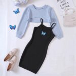 LIKCAISA Girls 2 Piece Outfits Cute Kids Sleeveless Bodycon Cami Dress & Long Sleeve Tops Crop Set for Teen Girls Party Clothes Summer Christmas Clothing Teenage Girls School Preppy Butterfly Dresses - Image 3