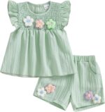 Baby Girl Summer Clothes 3D Flower Embroidery Smocked Tunic Top Casual Shorts Set 2Pcs Toddler Summer Outfit 9M-4Y