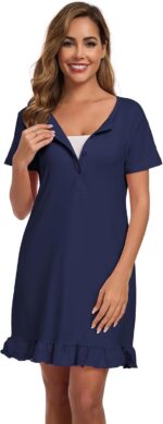 Beuwltpa Women's Nighties Button Up Maternity Nightdress Nightshirts Short Sleeve Ladies Nightwear Ruffle Hem Soft Nursing Nightgown - Image 5