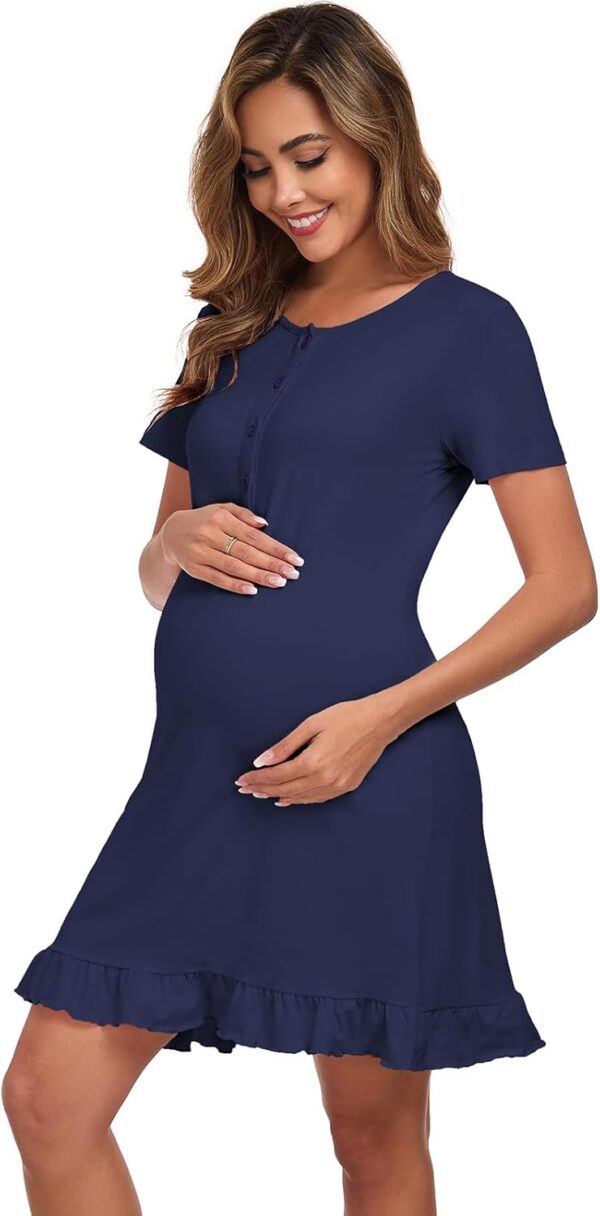 Beuwltpa Women's Nighties Button Up Maternity Nightdress Nightshirts Short Sleeve Ladies Nightwear Ruffle Hem Soft Nursing Nightgown - Image 6