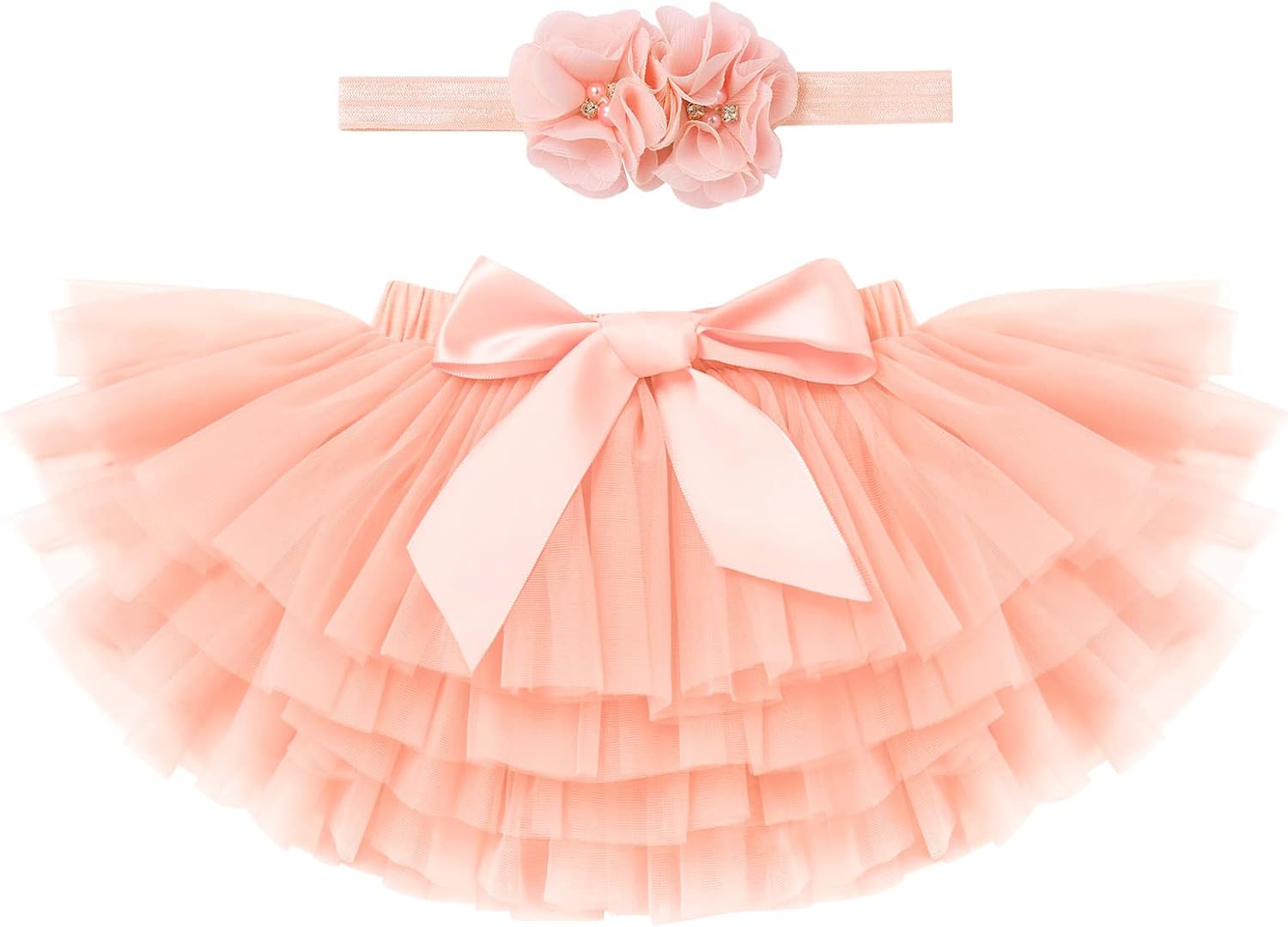 1744683520_61JcuQLqU7L._AC_SL1500_.jpg IBTOM CASTLE Baby Girls Layered Elastic Waistband Tutu Skirt with Diaper Cover +Flower Headband Set, Newborn Girls Photo Shoot Prop Outfit Soft Fluffy Ballet Tutu Dresses Skirt for Toddler - Image 1