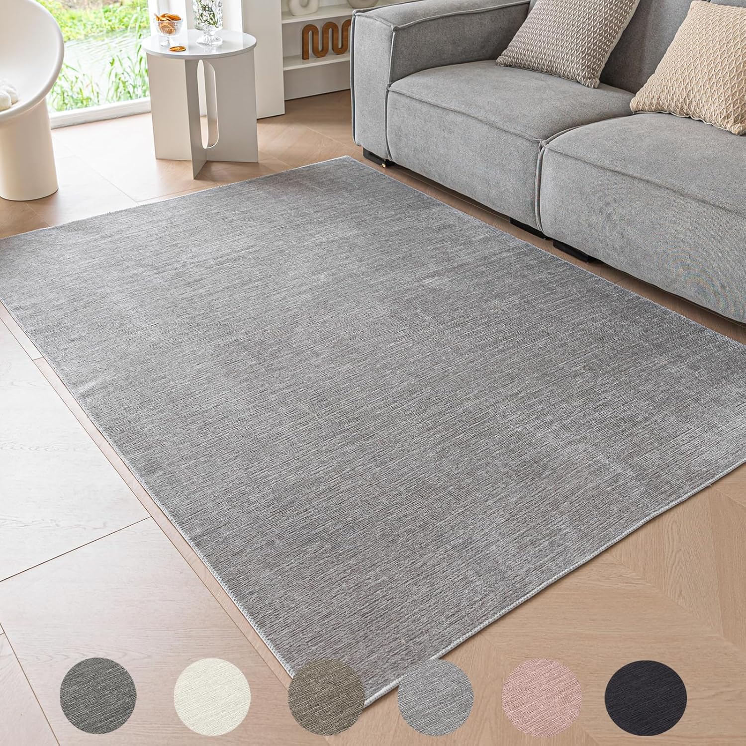 1744699009_81oau-0FjLL._AC_SL1500_.jpg Rug Living Room,Short Pile Rug for Bedroom,Indoor Soft Low Pile Rugs for Dining Room,Washable Rugs for Kitchen,Grey Thin Carpet for Lounge (Grey, 60×90cm) - Image 1