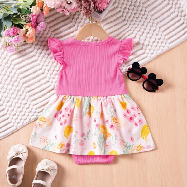 Baby Girl Romper Dress Flowers Print Flutter Sleeve A Line Dresses Round Neck Ribbed Bow Clothes for Toddler - Image 7