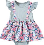 JiAmy Baby Girl Romper Dress Flowers Print Flutter Sleeve A Line Dresses Round Neck Ribbed Bow Clothes for Toddler