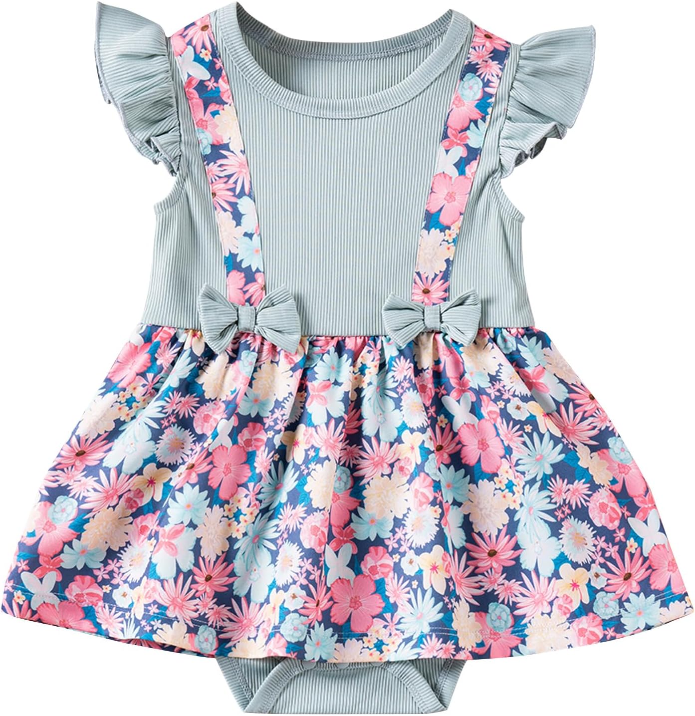 1744726576_81iIqtid44L._AC_SL1500_.jpg JiAmy Baby Girl Romper Dress Flowers Print Flutter Sleeve A Line Dresses Round Neck Ribbed Bow Clothes for Toddler - Image 1