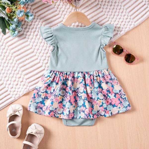 JiAmy Baby Girl Romper Dress Flowers Print Flutter Sleeve A Line Dresses Round Neck Ribbed Bow Clothes for Toddler - Image 7