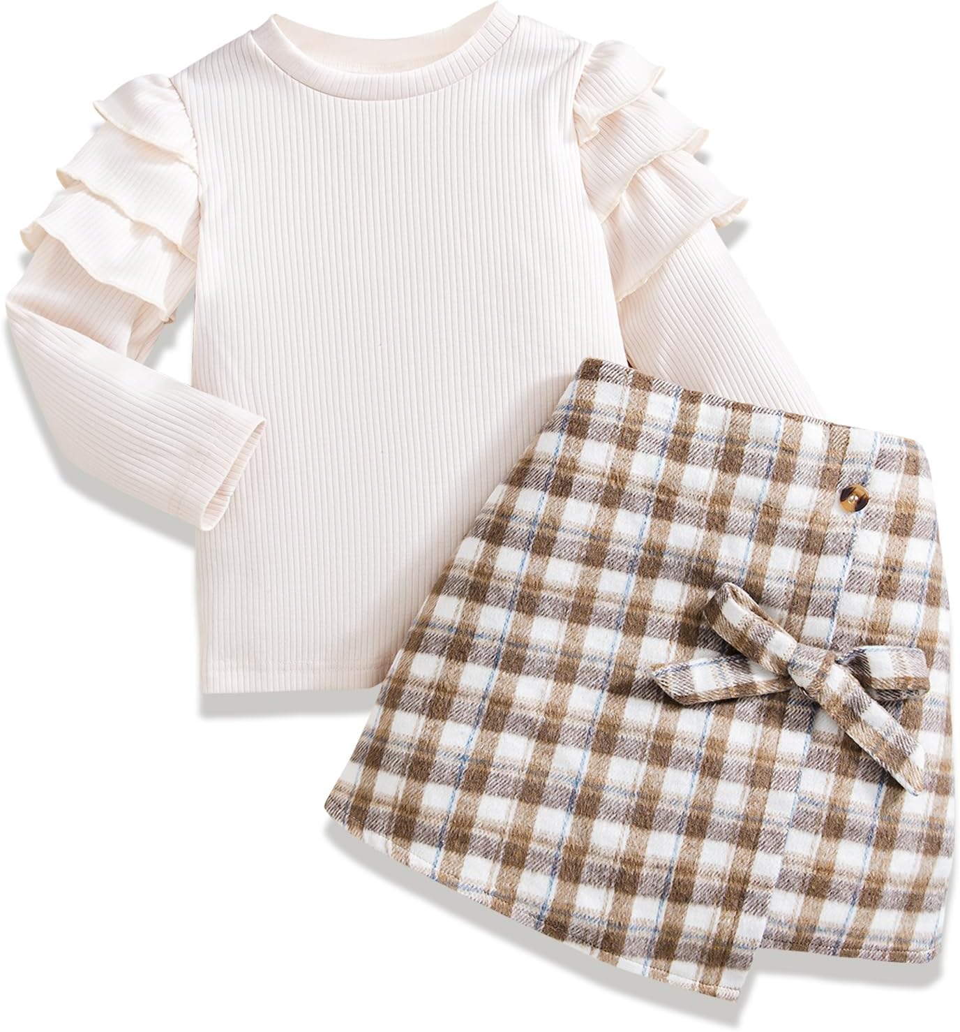 1744983163_71HU7sI0coL._AC_SL1500_.jpg HPSOM Baby Kids Girl Clothes Set Ruffle Ribbed Long Sleeve Top Bow Tie Plaid Skirt 2PCS Spring Fall Toddler Outfits Set 2-7Y - Image 1