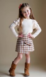 HPSOM Baby Kids Girl Clothes Set Ruffle Ribbed Long Sleeve Top Bow Tie Plaid Skirt 2PCS Spring Fall Toddler Outfits Set 2-7Y - Image 3