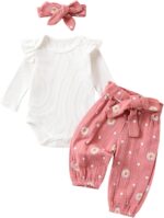 Infant Baby Girl Clothes White Rib Long Sleeve Frill Romper Daisy Flared Pants Headband Set 3pcs Fall Winter Outfits