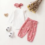 Infant Baby Girl Clothes White Rib Long Sleeve Frill Romper Daisy Flared Pants Headband Set 3pcs Fall Winter Outfits - Image 3