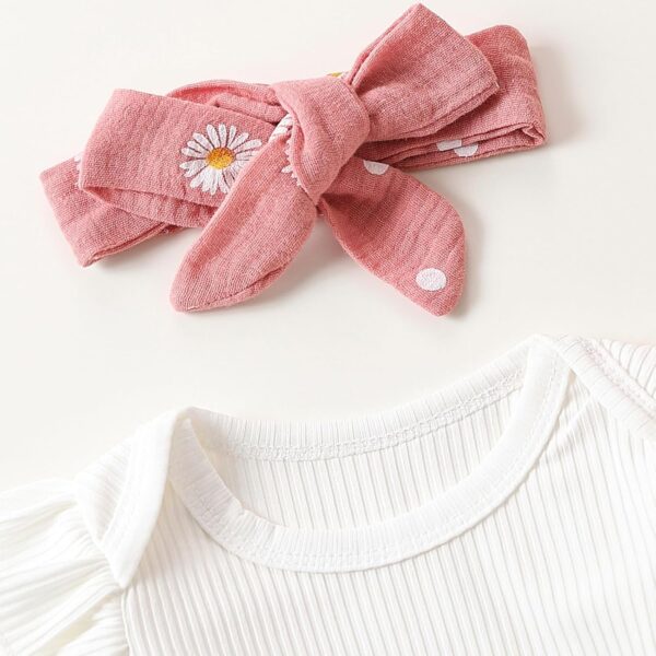 Infant Baby Girl Clothes White Rib Long Sleeve Frill Romper Daisy Flared Pants Headband Set 3pcs Fall Winter Outfits - Image 4