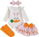 My First Easter Baby Girl Clothes 4pcs Outfit Long Sleeve Bunny Romper Ruffle Bloomer Short Socks Bow Headbands Set Newborn Baby Clothing