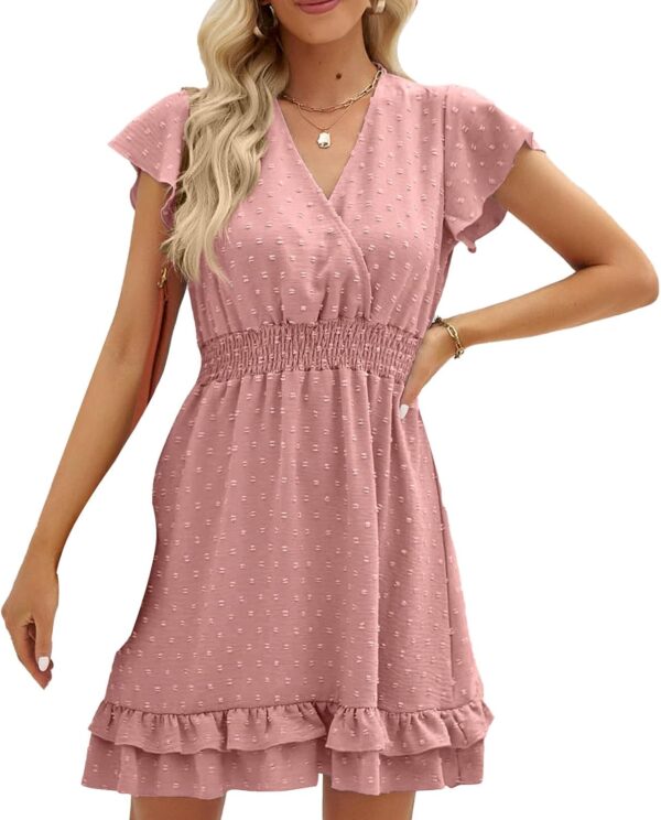 Swiss Dot Smocked Maternity Dress for Baby Shower Photoshoot Casual V Neck Ruffle Sleeve Empire Waist Tiered Boho Dress - Image 2