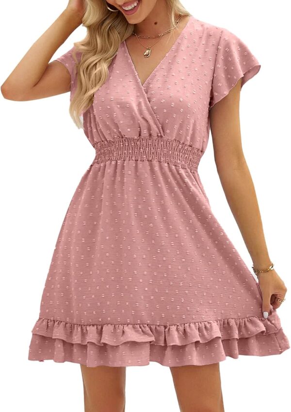 Swiss Dot Smocked Maternity Dress for Baby Shower Photoshoot Casual V Neck Ruffle Sleeve Empire Waist Tiered Boho Dress - Image 4