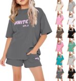 Girls Tracksuit Set Kids Trendy T-shirt + Shorts 2 Piece Outfit Summer Fashion Short Sleeve Fox Letter Print Tops with Loose Jogger Shorts Y2k Activewear Casual Sweatshirt Gym Set UK