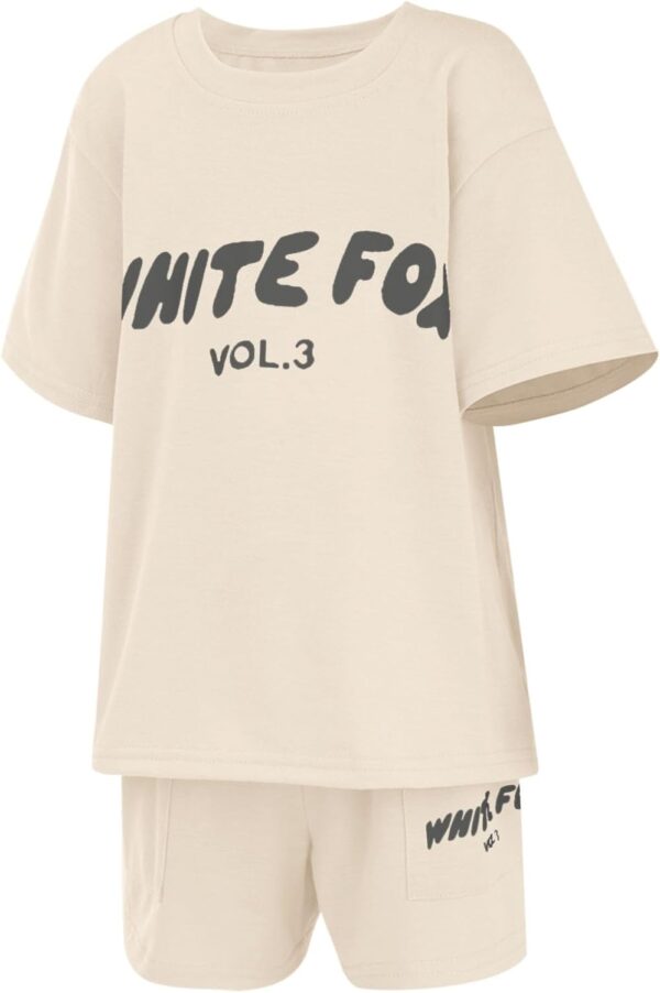 Girls Tracksuit Set Kids Trendy T-shirt + Shorts 2 Piece Outfit Summer Fashion Short Sleeve Fox Letter Print Tops with Loose Jogger Shorts Y2k Activewear Casual Sweatshirt Gym Set UK - Image 5