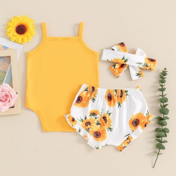 Dubute Newborn Baby Girl Summer Clothes Sleeveless Romper Bodysuit + Floral Bloomers Short + Headband Infant 3Pcs Outfit - Image 3