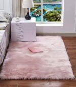 Washable Rug,Pink Faux Fur Rug,Fluffy Sheepskin Rugs for Bedroom,Non Slip Rugs Living Room,Small Bedside Rug,Pink Bedroom Rug,Square Rugs for Kids Room(Pink,60x90cm)