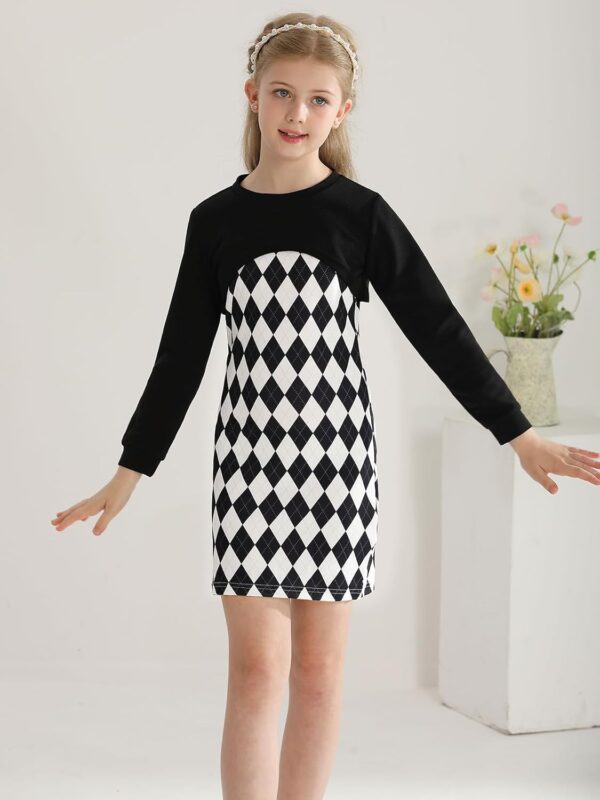 Naiyafly Girl's 2 Piece Outfits Kids Long Sleeve Crop Top and Cami Dress Set Teen Girls Pullover Sweatshirt + Butterfly/Plaid Print Bodycon Dress Clothes Christmas Party Casual Costumes - Image 5