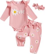 Baby Girl 3Pcs 1st Birthday Outfits Letter Embroidery Long Sleeve Romper with Floral Pattern Long Pants Set Headband Toddler Clothes Girls Birthday Gift