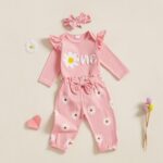Baby Girl 3Pcs 1st Birthday Outfits Letter Embroidery Long Sleeve Romper with Floral Pattern Long Pants Set Headband Toddler Clothes Girls Birthday Gift - Image 2