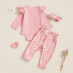 Baby Girl 3Pcs 1st Birthday Outfits Letter Embroidery Long Sleeve Romper with Floral Pattern Long Pants Set Headband Toddler Clothes Girls Birthday Gift - Image 3
