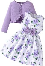 Kids Toddler Girls Dress with Cardigan 2 Piece Outfits Set Floral Sleeveless Dress and Long Sleeve Ruffled Cardigan Bolero Shrug Coat
