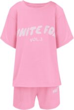 Girls Tracksuit Set Kids Trendy T-shirt + Shorts 2 Piece Outfit Summer Fashion Short Sleeve Fox Letter Print Tops with Loose Jogger Shorts Y2k Activewear Casual Sweatshirt Gym Set UK - Image 3