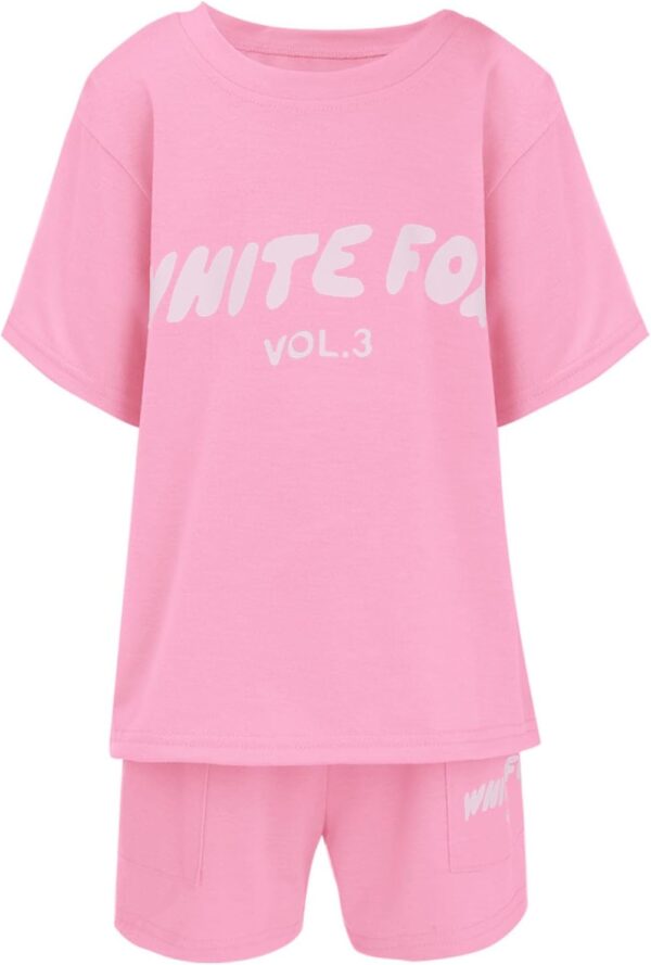 Girls Tracksuit Set Kids Trendy T-shirt + Shorts 2 Piece Outfit Summer Fashion Short Sleeve Fox Letter Print Tops with Loose Jogger Shorts Y2k Activewear Casual Sweatshirt Gym Set UK - Image 3
