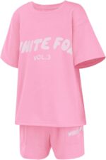 Girls Tracksuit Set Kids Trendy T-shirt + Shorts 2 Piece Outfit Summer Fashion Short Sleeve Fox Letter Print Tops with Loose Jogger Shorts Y2k Activewear Casual Sweatshirt Gym Set UK - Image 4