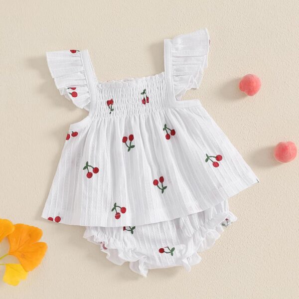 HodJIU Baby Girl Summer Outfits Bow Print Flying Sleeve Smock Tunic Shirt Top Elastic Waist Ruffled Bloomers 2 Pcs Set Cute Clothes for Little Girls - Image 2