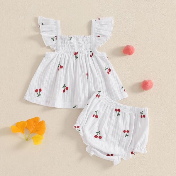HodJIU Baby Girl Summer Outfits Bow Print Flying Sleeve Smock Tunic Shirt Top Elastic Waist Ruffled Bloomers 2 Pcs Set Cute Clothes for Little Girls - Image 3