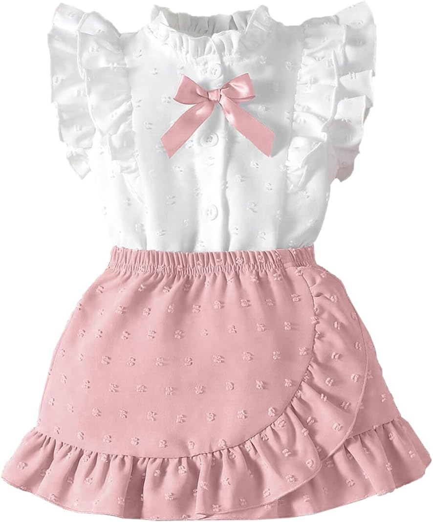 1745504752_61H8GvEO0cL._AC_SL1200_.jpg QUNERY Toddler Baby Girl Clothes Ruffle Sleeve Tops Swiss Dot Skirt Infant Summer Outfits - Image 1