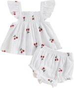 Baby Girl Summer Outfits Bow Print Flying Sleeve Smock Tunic Shirt Top Elastic Waist Ruffled Bloomers 2 Pcs Set Cute Clothes for Little Girls