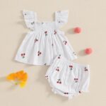 Baby Girl Summer Outfits Bow Print Flying Sleeve Smock Tunic Shirt Top Elastic Waist Ruffled Bloomers 2 Pcs Set Cute Clothes for Little Girls - Image 3