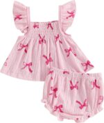HodJIU Baby Girl Summer Outfits Bow Print Flying Sleeve Smock Tunic Shirt Top Elastic Waist Ruffled Bloomers 2 Pcs Set Cute Clothes for Little Girls
