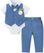 Baby Boys Formal Suit 0-18 Monate, Infant Gentleman Wedding Outfit Newborn Bodysuit + Pants + Waistcoat + Bow Tie + Corsage Christening Clothes 5Pcs Set