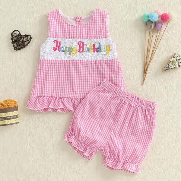 MAHUAOYIXI Toddler Baby Girl Birthday Outfit Short Sleeve Letter Embroidery Shirts Ruffled Hem Tank Tops Vest and Plaid Bloomer Shorts 2Pcs Set Happy Birthday Clothes for Little Girls - Image 3